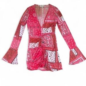 Women's Pink Paisley Patchwork Long Sleeve Patterned Dress
